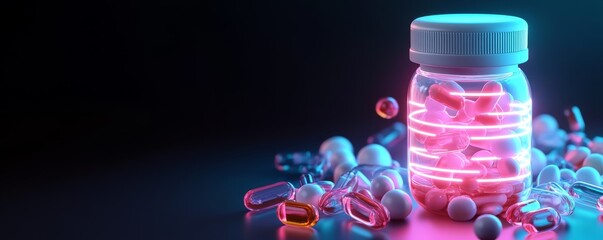 Neon Lit Pill Bottle Capsules and Tablets, medicine , health
