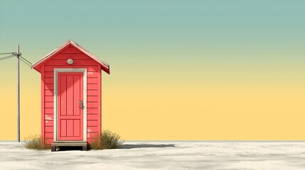 Red beach hut on white sand under gradient sky, minimal architecture with warm vintage tones for summer travel concepts