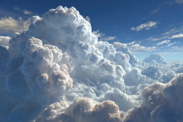 Fluffy white cumulus clouds billow in a light blue sky during a sunny day, creating a serene and peaceful aerial vista, perfect for conveying freedom and inspiration