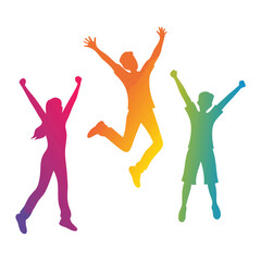 Three gradient colored silhouettes leap and raise their arms in joyful celebration isolated