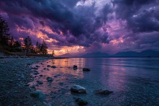 Sunset paints the sky over port alberni and the calm waters reflecting the colorful sky, dockside building stands still