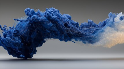 Blue abstract fluid shape with neural network pattern floating in gray space, representing AI and digital connections