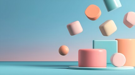 Floating pastel-coloured geometric cubes and spheres above a serene teal-blue horizon with soft studio lighting for modern abstract marketing or branding design background