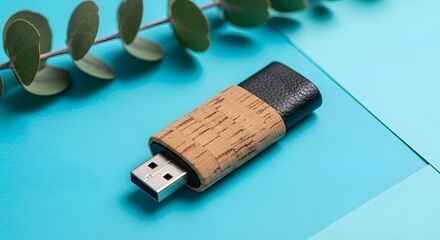 Fototapeta premium Cork USB Drive on Blue Background Product Photo