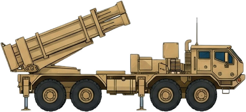 Realistic Military Vector of M142 HIMARS in Desert Tan | Tactical Side Profile with Rocket Launcher Details

