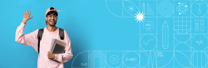 A cheerful student stands with books in hand, smiling and waving. The background is a bright blue with various educational symbols, creating an inviting atmosphere for studying.