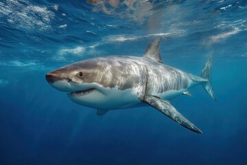 Great white shark swims in clear blue ocean water near the surface during daylight hours in the open sea