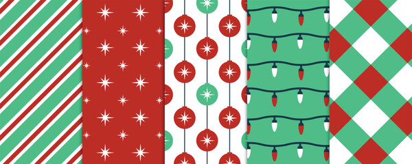 Colorful Christmas-themed patterns showcasing stripes, stars, ornaments, and lights in red and green tones for festive decoration, crafts, or design projects.