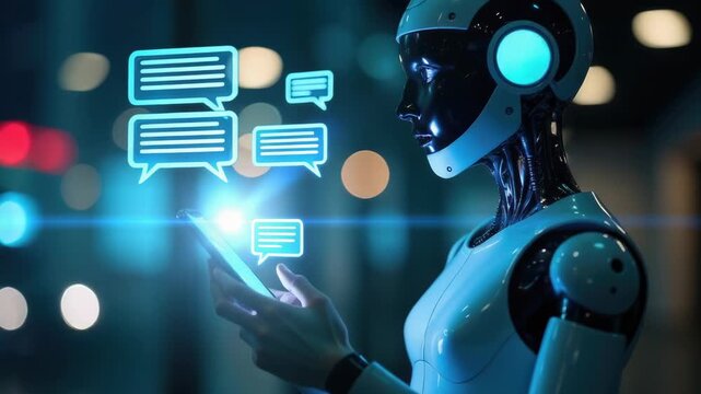 A robot holding a cell phone with speech bubbles, suitable for technology and innovation concepts