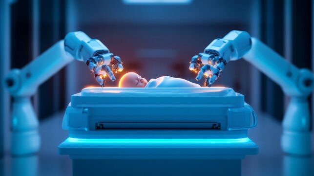 Robotic Hands Tending to Newborn in Incubator, FutureTech ,AI
