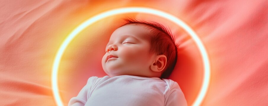 Serene Sleep Newborn Baby with Halo on Coral Fabric, Innocence ,Dreaming