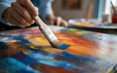 Close up of paintbrush applying vibrant blue paint to a canvas creating an abstract art piece with flowing colors and creative expression