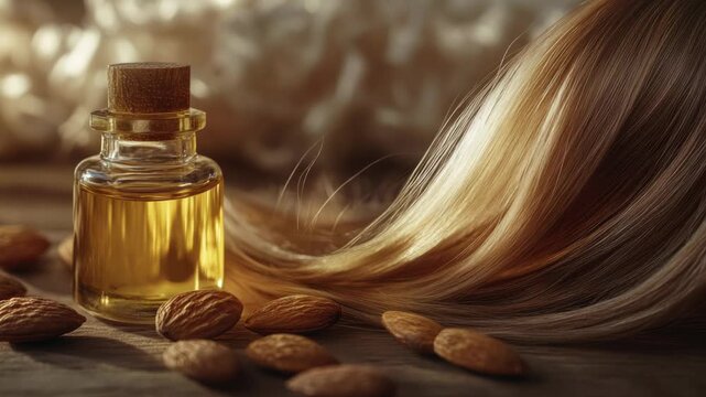 A bottle of almond oil sits next to a pile of almonds, a simple and natural pairing