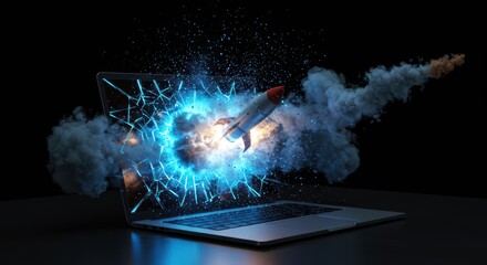 Explosive Rocket Launching From a Laptop Screen Symbolizing Fast Digital Transformation and Innovation