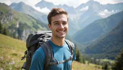 Naklejka premium Smiling hiker with backpack enjoys scenic mountain landscape. Man treks through wilderness, breathing fresh air. Outdoor adventure, travel, vacation pursuit of natural beauty and healthy lifestyle.