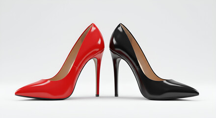 Elegant red and black high heels on white background. Stylish footwear for women, perfect for fashion or e-commerce themes.