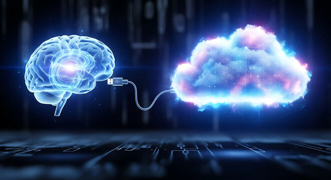 A digital brain connected to a cloud, representing the future of artificial intelligence