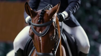 A skilled rider dressed in formal equestrian attire gracefully guides their horse, showcasing the art and discipline of dressage. This video captures the elegance and precision involved in equestrian 
