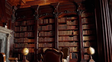 In an opulent, classic library, shelves brim with timeless books, conveying a rich history and intellectual atmosphere. Globes and ornate woodwork enhance the room's scholarly charm.