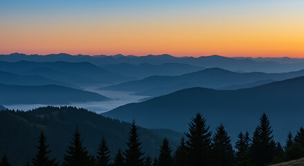 Fototapeta premium Layered Mountain Ranges at Dusk A Scenic Vista of Nature's Beauty and Tranquility Displaying a Colorful Sky and Evergreen Trees