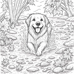 Black and white illustration of a golden retriever in autumn scene.