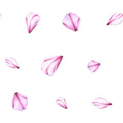 Seamless Pattern with rose petals on a white background. Watercolor botanical background of cherry petals flowers. Pattern with flowers. Wallpaper of Pink petals for your designs, wallpapers, clothing