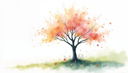 Obraz premium Orange watercolor tree with vibrant leaves and soft background 