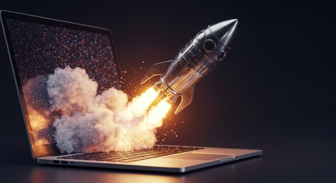 A Shiny Silver Rocket Blasting Off Out of a Laptop Screen With Bright Orange Flames and White Smoke Creating a Dramatic and Powerful Launch Sequence Against a Dark Background