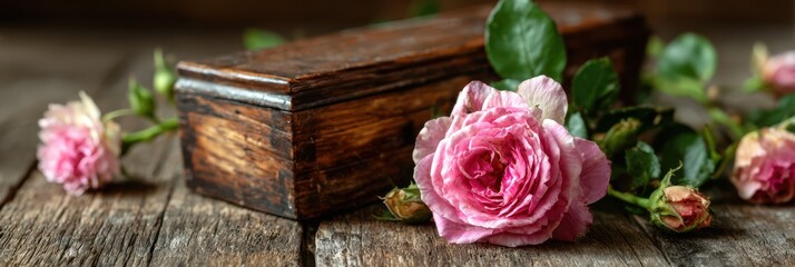 Wooden box adorned with pink roses on a rustic wooden table during a serene afternoon