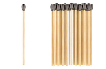 Single wooden match and group of matches. 3D rendering