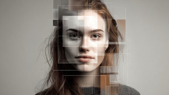 Artistic Female Portrait Featuring Morphing Facial Zones and an AI Beauty Scan Theme With an Open Upper Margin Revealing Intricate Details