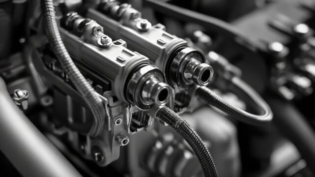 A close-up view of a black and white motorcycle engine
