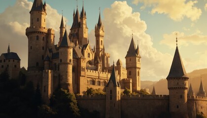 Fototapeta premium Majestic stone castle with towering spires set against clear blue sky. Ancient fortress mediaeval architecture, rich history, impressive grandeur. Ideal for travel, tourism, fantasy themes.