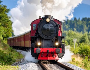 Naklejka premium Steam Locomotive: A red steam locomotive, viewed from the front, emits smoke as it travels on railway tracks.