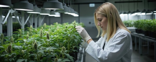 Scientist in lab coat examines cannabis plants under artificial lights. Researcher studies hemp cultivation in controlled greenhouse environment. Botany, biology, genetics, agriculture research for