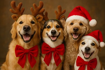 Smiling Dogs in Christmas Costumes with Holiday Accessories and Hats