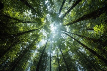 Worm eye view of forest canopy reflects in still water pool creating serene nature scene full of lush green trees and mist