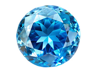 Round cut bright blue gemstone with brilliant facets reflecting light on a black background jewel diamond isolated on a transparent background