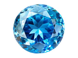 Round cut bright blue gemstone with brilliant facets reflecting light on a black background jewel diamond isolated on a transparent background
