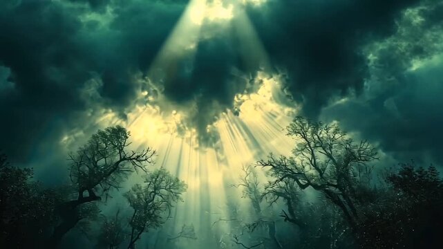 A lowangle view of trees beneath dark clouds and sunbeams