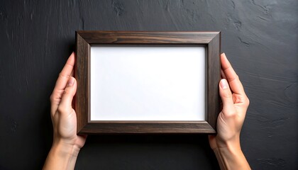 Empty frame held by hands on dark surface
