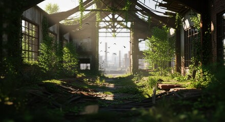 Fototapeta premium Seamless looping animation of abandoned factories overtaken by nature in a postdisaster setting.