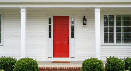 Naklejka premium Charming House Exterior with Red Door and Green Bushes
