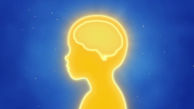 Kid with blank glowing neon brain background, children study idea concept, IQ Intelligence and creativity learning in smart education, Critical thinking process, empty child head for design animation