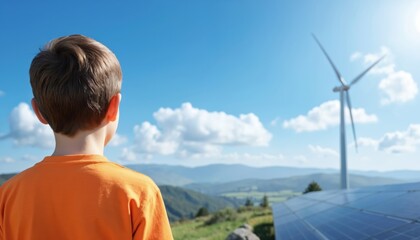 Fototapeta premium Young child looks at solar panels and wind turbine under blue sky with clouds. Represents renewable energy, sustainability, and future technology in nature.