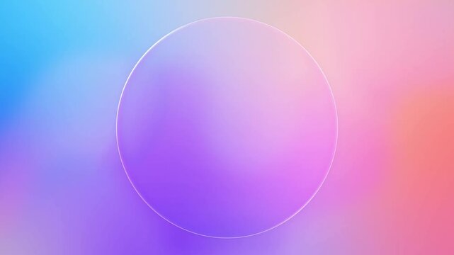 Beautiful transparent circle glass frame background, realistic blank liquid glassmorphism user interface, abstract empty frosted plate on pink colorful gradient, blur animated UI display design loop
