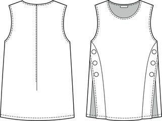 Side button sleeveless dress CAD, girls A-line tunic fashion flat sketch, children’s clothing vector, kidswear technical drawing, modern garment design template