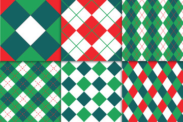Bright and colorful argyle pattern designs featuring red, green, and white tones. Perfect for Christmas-themed decorations, textile designs, or graphic art.