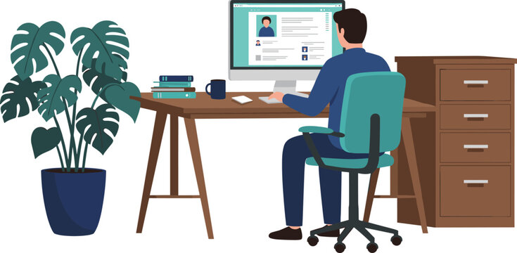 Man working on desktop computer at home office, digital resume on screen, remote work scene with desk, plants, files, cad drawing flat vector illustration