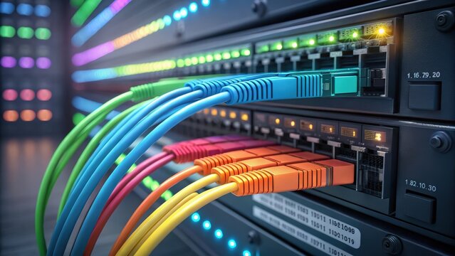 Network server room with colorful ethernet cables connected to patch panels in a data center illustrating high speed connectivity
